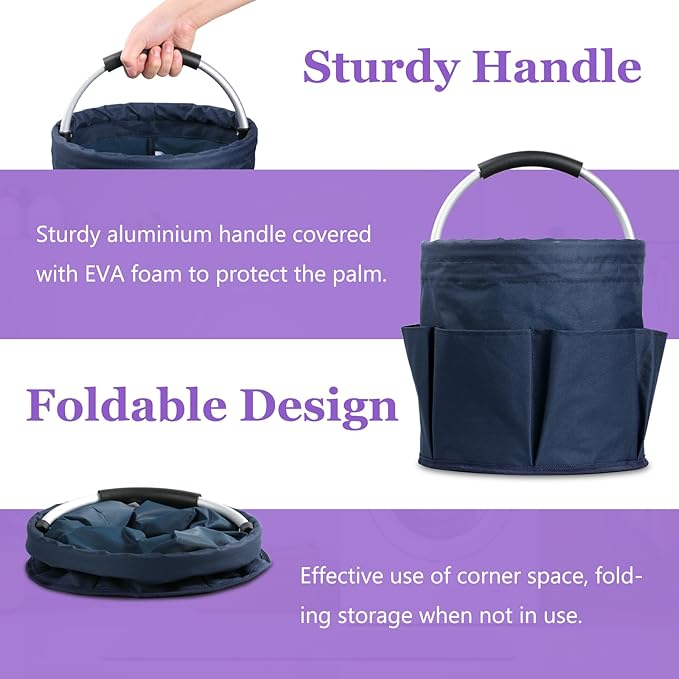 17L Cleaning Caddy with Handle, Portable Shower Caddy in 600D Oxford Fabric, Bucket Tool Organizer with 6 Side Pockets, Collapsible Storage Basket for Cleaning, Camping, Navy Blue