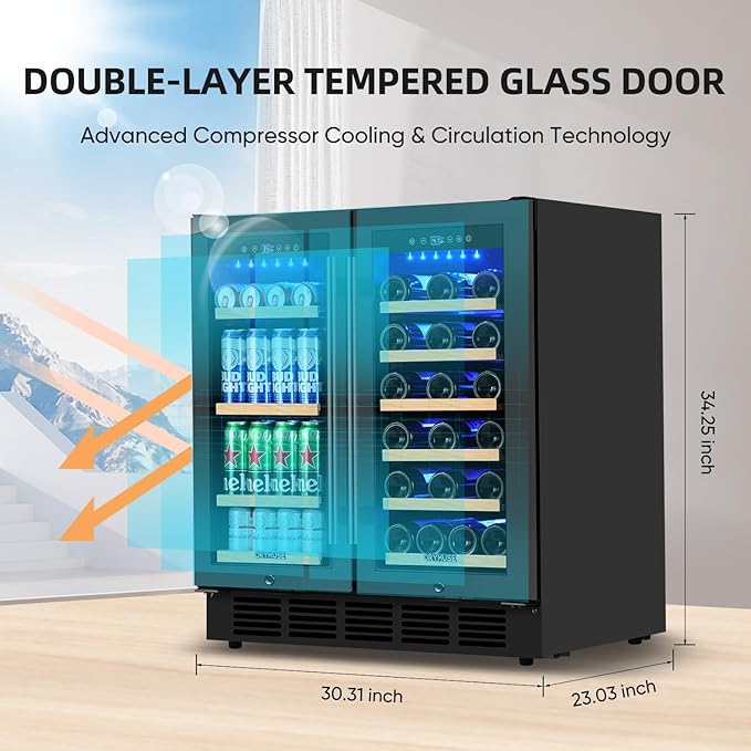 30 Inch Dual Zone Wine & Beverage Refrigerator, Built-In or Freestanding Wine Fridge with Seamless Black Stainless Steel Door, Glass Door, Digital Touch Control, Holds 30 Bottles & 110 Cans