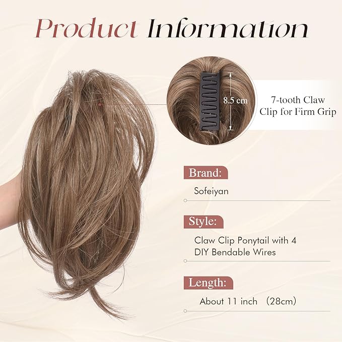 SOFEIYAN Claw Clip Short Ponytail Extension DIY Bendable Wires Hair Bun Fluffy Fake Hair Piece Straight Synthetic Hair Ponytail Extensions for Wonen - Dark Blonde mixed Bleach Blonde