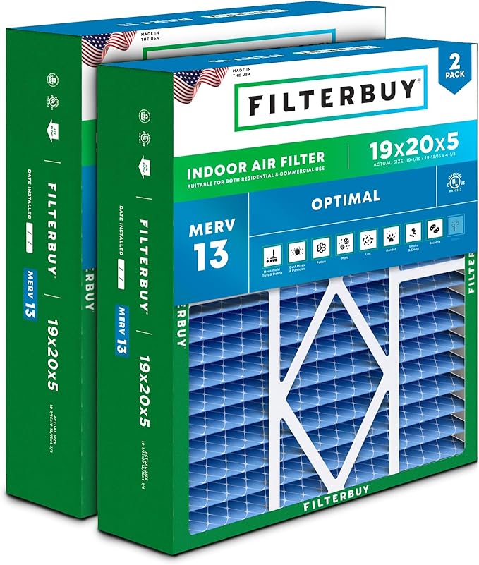 Filterbuy 19x20x5 Air Filter MERV 13 Optimal Smoke & Allergy Defense (2-Pack), Pleated HVAC AC Furnace Filters for Bryant, Carrier, BDP, Day & Night, and Payne (Actual Size: 19.06 x 19.81 x 4.25)