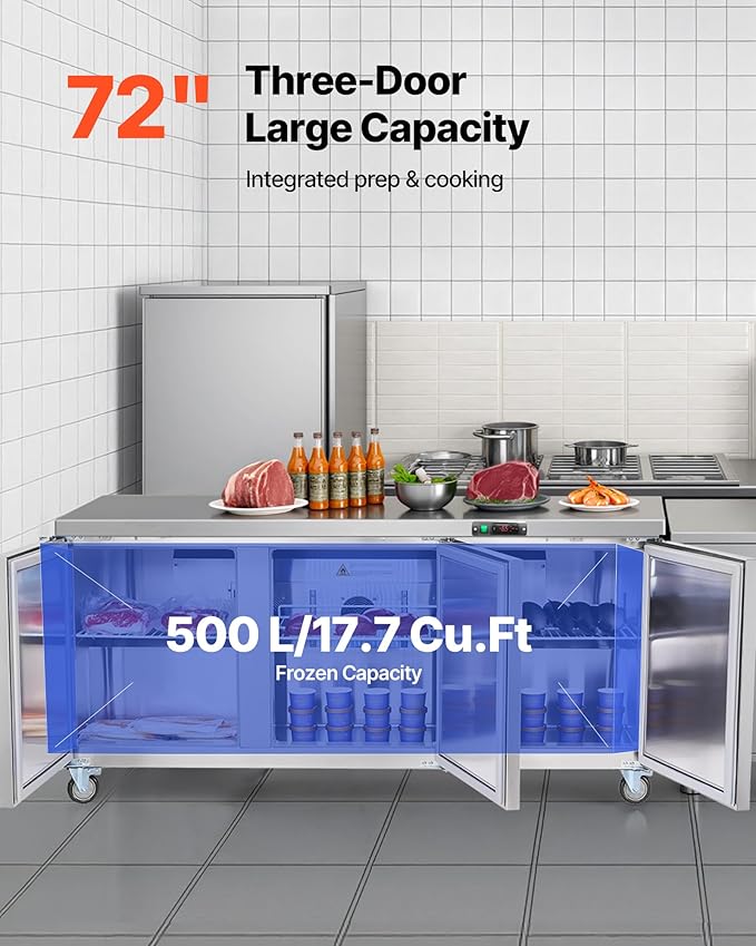 VEVOR 72" W Commercial Freezer, 17.7 Cu.Ft Worktop Freezers Undercounter with LED Auto Lighting and Lockable Door, 3 Doors Food Freezing Prep Worktable, Stainless Steel Prep Frozen Table with Casters