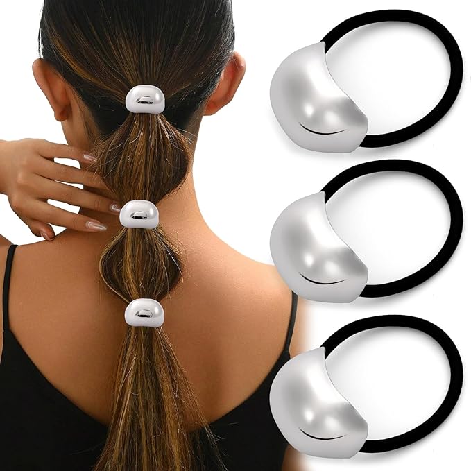 3PCS Silver Hair Ties, Silver Hair Accessories for Women, Metal Hair Ties for Thick Hair Elegant Durable Geometric Design, Stretchy and Non-Damage Hair Cuff Ponytail Holders