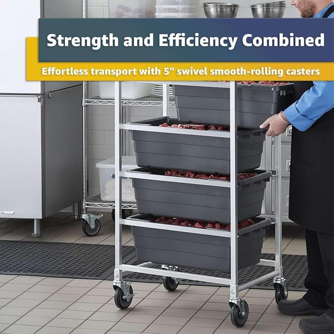 19"x26"x53" Mobile Aluminum Lug Rack with 4 Yellow Tote Boxes – NSF Heavy-Duty Commercial Storage Cart with 5" Swivel Casters, Portable Food Prep & Dishroom Utility Rack – Freezer Safe, 4 Lug Capacity