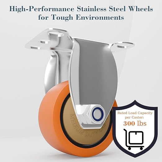 3" 304 Stainless Steel Rigid Caster, Set of 2 - Industrial Fixed Anti-Corrosion Wheel (No Brake) for Hospital, Restaurant, Furniture