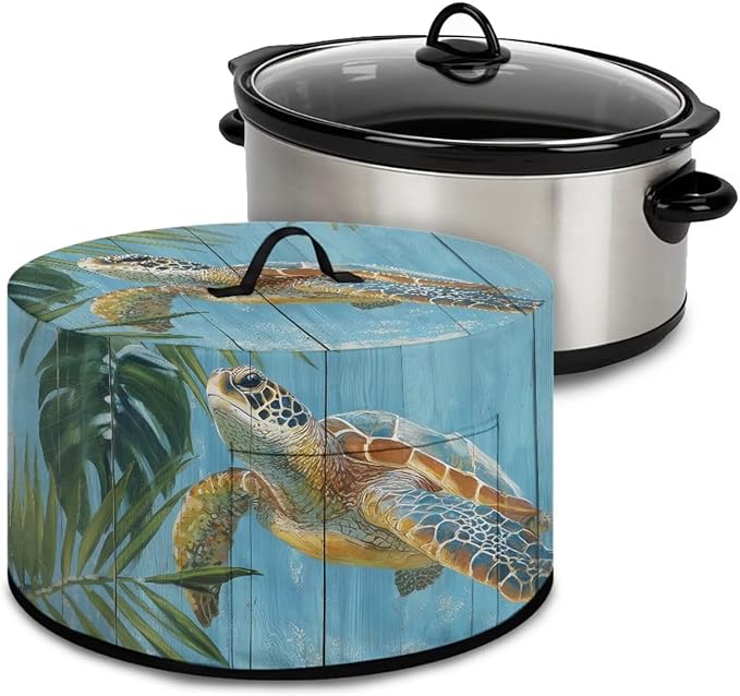 Sea Turtle Wood Grain Print Slow Cooker Dust Cover Protective with Pocket Keep Appliance Clean Fit Most 6-8 Quart Crock Pot Monstera Palm Leaf Print Kitchen Appliance Accessories