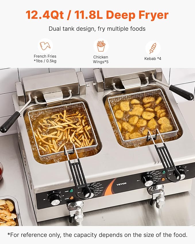 VEVOR Commercial Deep Fryer, 2 x 9Qt / 8.5L Double Oil Fryer with 2 Baskets, 1mm Thickened Stainless Steel, Dual Tank 3500W Electric Countertop Fryer， Time & Temp Control, for Kitchen Restaurant Use