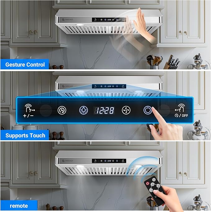 AMZCHEF Under Cabinet Range Hood 30 Inch, 750CFM Stainless Steel Kitchen Stove Vent Hood 3 Speed Exhaust Fan Touch/Remote/Gesture Control LED lights Time Setting Dishwasher-Safe Baffle Filters