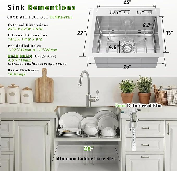 Drop In Kitchen Sink 25x22", 9" Basin Depth, 18 Gauge Stainless Steel Sink, 3D Embossed Surface Finish Top Mount with Accessories