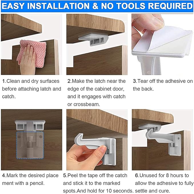 6 Pack Upgraded Invisible Baby Proofing Cabinet Latch Locks - No Drilling or Tools Required, Children Proof Cupboard Drawers Latches, Works with Most Cabinets and Drawers - Adhesive Easy Installation