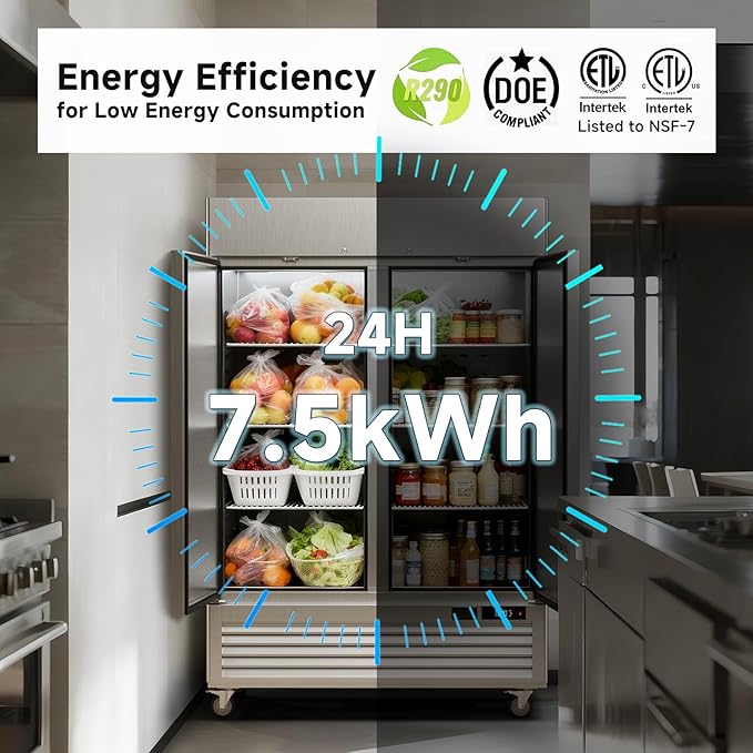 VEECOOL 54.4" W Commercial Refrigerators WiFi-Enabled, 49 cu.ft. Stainless Steel Reach in Fridge with 8 Shelves, APP & Digital Control, LED Lighting for Restaurant, Bar, Cafe, ETL&ETL Sanitation