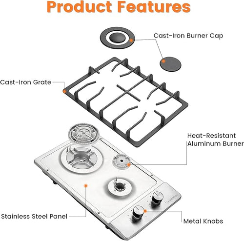 12 Inch Gas Cooktop, Stove Top, Stainless Steel Bulit-in Kitchen Stove, NG/LPG Convertible Gas Stovetop with Thermocouple Protection