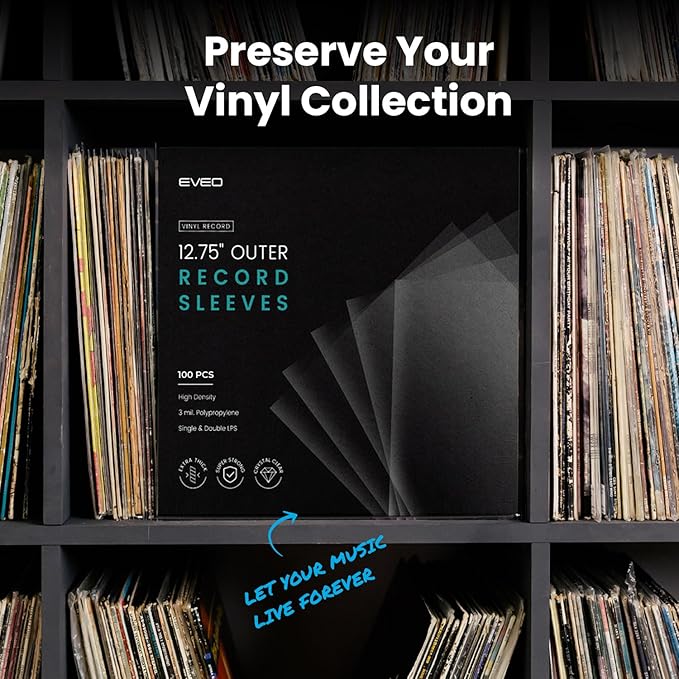 EVEO 100 Vinyl Record Sleeves Outer – Crystal Clear Outer Vinyl Sleeves LP Album Covers 12.75"x12.75" | Perfect Fit Protective 3 Mil Protection for Single & Double LPs - Archival Quality
