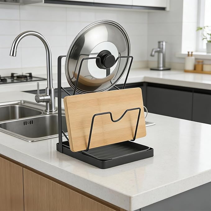 Pot Lid Holder, Multifunctional Kitchen Pot Lid Cover Organizer Rack Spoon Rest with Removable Drip Tray Pan Storage While Cooking for Countertop Organization