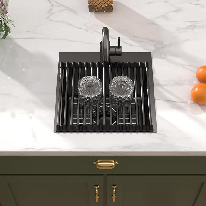 Bar Sink with Faucet - 15x15 Inch Gunmetal Black Bar Sink 16 Gauge Stainless Steel Drop In Rv Kitchen Sinks Top Mount Single Bowl Small Wet Sinks #TLT-0017