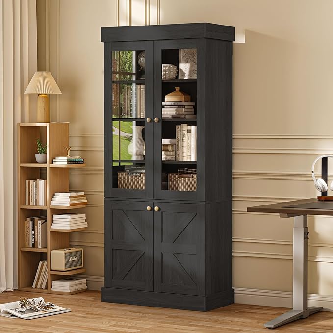 Vyre 71" Tall Farmhouse Kitchen Pantry, Set of 2 Large Storage Cabinets with Glass Doors, Adjustable Shelves, Wood Versatile Hutch Cabinet for Living Room, Dining Room, Black