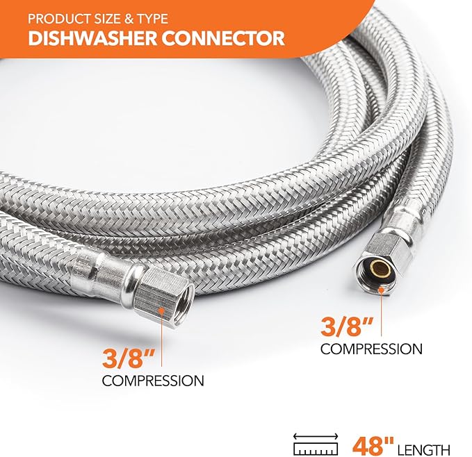 Universal Dishwasher Installation Kit, 3/8" Compression, 4ft long Braided Stainless Steel Hose + 3/4" Hose Bibb Elbow + 3/8" Compression Elbow & Compression Adaptor + 1/2" Compression Adaptor