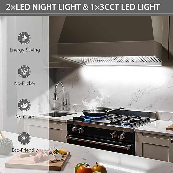 Akicon 48 Inch Range Hood Insert With Heater Sensor, 1200 CFM Ultra-Quiet Stainless Steel Ducted Vent Hood Insert with 4 Speed Fan, Dimmable LED Lights and Dishwasher Safe Filters