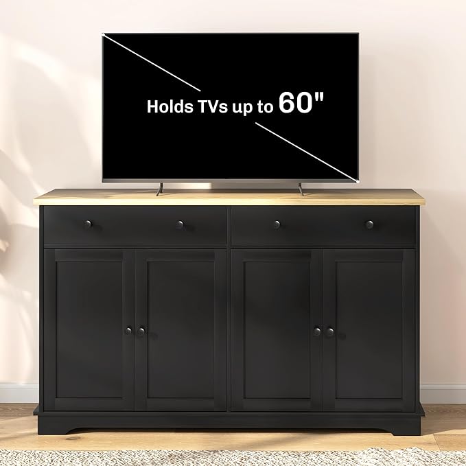 HOMCOM Sideboard Buffet Cabinet with Storage, 55" Modern Kitchen Cabinet with 4 Doors, 2 Drawers and 2 Adjustable Shelves, Coffee Bar Cabinet, Black
