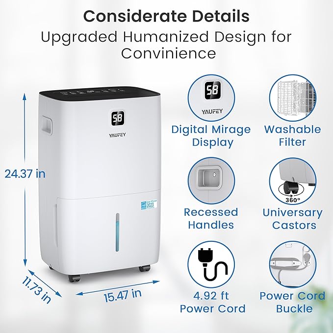 Yaufey 150 Pints Energy Star Dehumidifier with Pump for Home, Basement and Large Room up to 7500 Sq. Ft., With Drain Hose, Timer, Intelligent Humidity Control and Large Water Tank