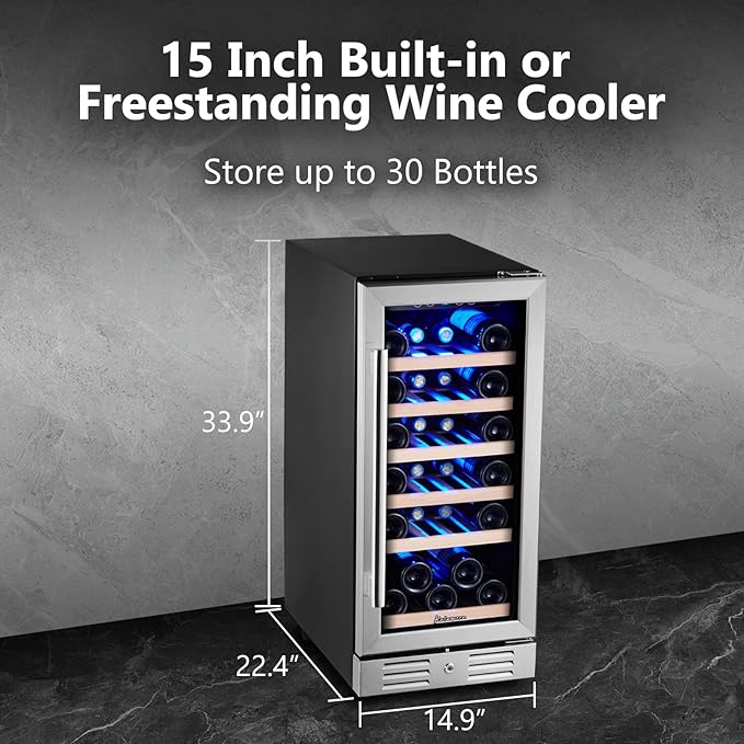 Kalamera 15 Inch Wine Cooler Refrigerator - 30 Bottle Under Counter Mini Fridge with Double-Layer Tempered Glass Door and Temperature Memory Function Built-in or Freestanding