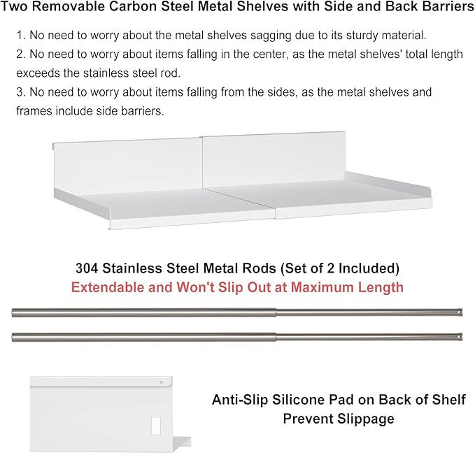 Expandable Under Cabinet Shelf Organizer with 0.94 Inches Thick Clips, Heavy Duty Extendable Under Shelf Storage Basket for Pantry or Laundry Room, White, 1 Pack, Interior: 5.7" H x 8.54" D