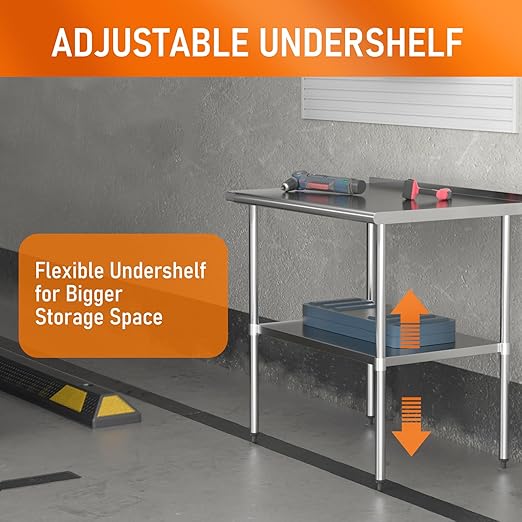 HOCCOT Stainless Steel Table 30" x 36" with Adjustable Undershelf and Backsplash, Commercial Metal Workstations for Kitchen, Garage, Outdoor BBQ