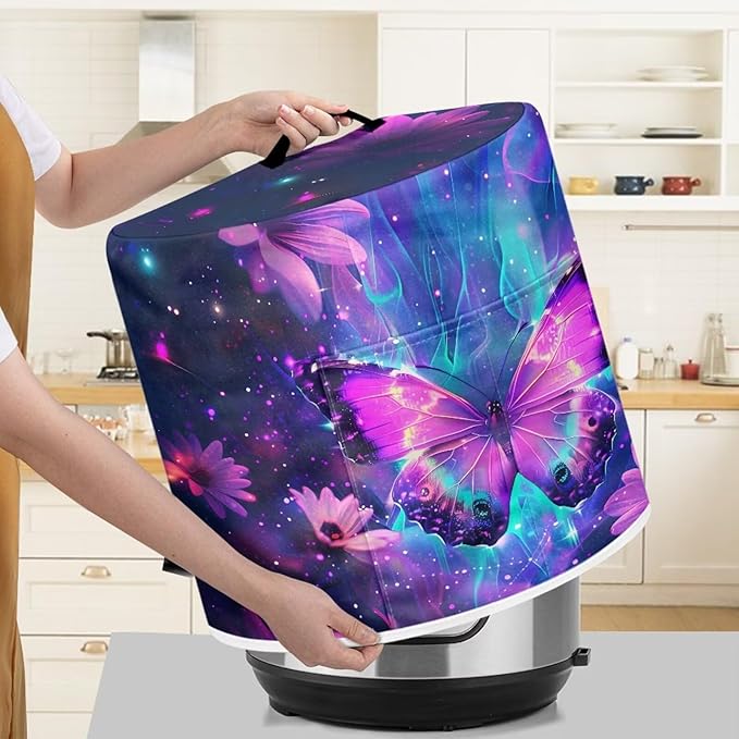 Dust-proof Kitchen Appliance Protector Cover 8 Quart Pressure Cooker/Air Fryer/Rice Cooker Cover with Top Handle and Storage Pocket Purple Flowers Print Home Kitchen Decorations