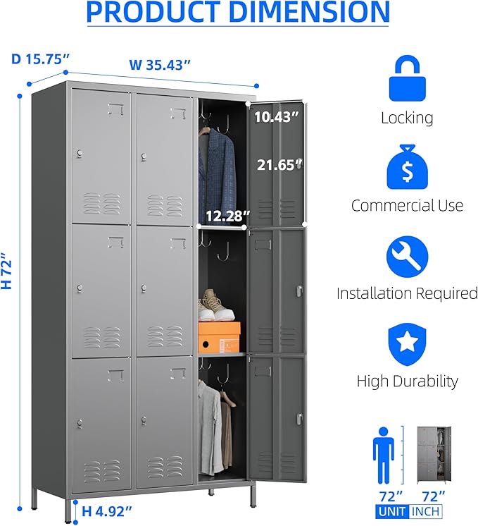 METAN Metal Locker for School Office Gym Bedroom,9 Doors Steel Storage Lockers Cabinet for Employees,Industrial Storage with Padlock,Assembly Required,Dark Gray