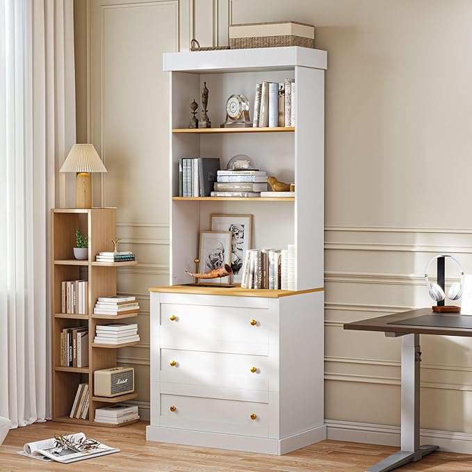 Vyre 71" Farmhouse Kitchen Pantry Cabinet Set of 3, White Freestanding Coffee Bar Hutch with Glass Doors, Drawers & Adjustable Shelves, Large Storage Cabinet with Microwave Stand for Living Room