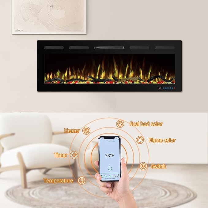74" WiFi Electric Fireplace Inserts, Recessed and Wall Mounted Fireplace Heater W/Adjustable Flame Color & Brightness, Thermostat, 9H Timer, App and Remote Control, Low Noise, 750/1500W