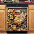 Vintage Wooden Sunflowers Magnetic Dishwasher Cover Vinyl Sticker, Rustic Wood Rooster Dishwasher Magnet Cover, Farm Fridge Barn Door Cover Magnets Art Skin Panel Decal for Home Decor, 23"X26"