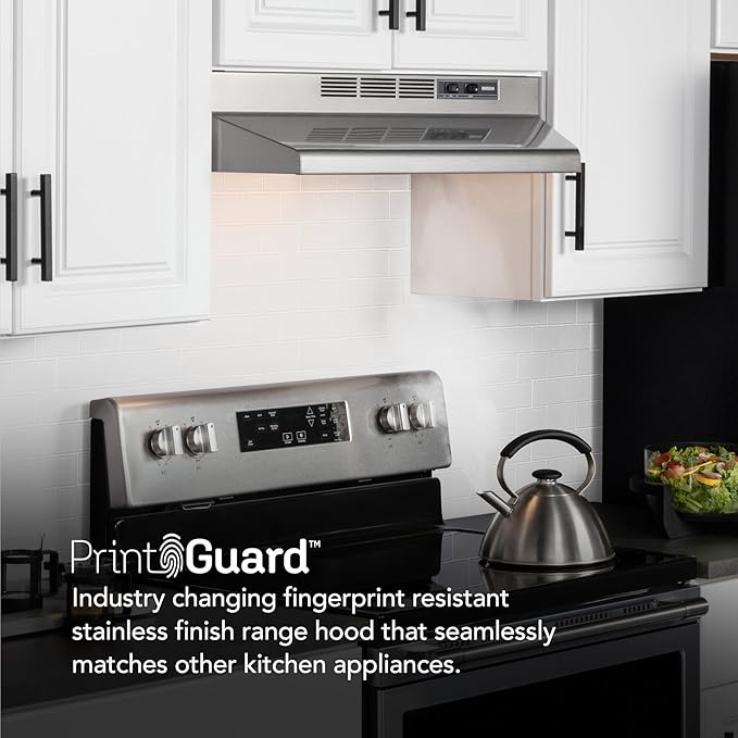 Broan-NuTone F4024SF Inch Fingerprint Resistant Convertible, 230 Max Blower CFM, 24", Stainless Finish with PrintGuard Under-Cabinet Range Hood