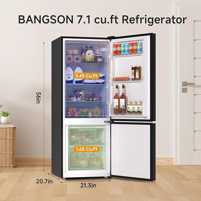 BANGSON 7.1 Cu.Ft Refrigerator with Freezer, Apartment Size Fridge with Bottom Freezer, for Apartment, Office, Kitchen and Garage, Stainless Steel, Silver