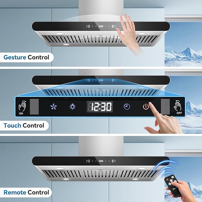 Tiesay Island Range Hood 36 Inch, 700 CFM kitchen Hood with Dual-Sided Touch/Gesture/Remote Control, Ceiling Mount, Convertible Ducted/Ductless, 3-Speed Fan, 3 Stainless Steel Baffle Filters