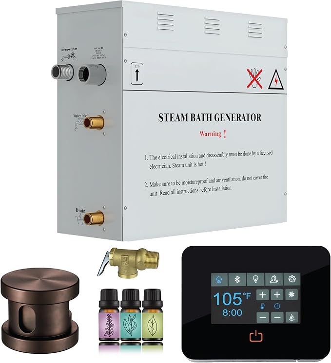 Builders Series 9kW Steam Bath Generator with Quickstart Continuous Steam, Black Digital Touch Pad, Built-in Auto-Drain, and Aroma Steamhead in Oil Rubbed Bronze