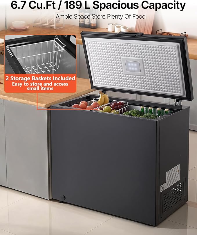 VEVOR Chest Freezer, 6.7 Cu.ft Compact Deep Freezer, Free Standing Top Open Door Chest Freezers with 2 Removable Baskets & Adjustable Thermostat - Energy Saving, Low Noise & Garage Ready, Black