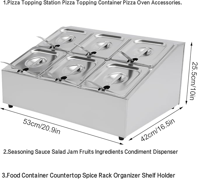 Pizza Topping Station Organizer Condiment Container Dispenser with 6 1/6 Pans& Lids, Stainless Steel Seasoning Food Containers Spice Rack Shelf Holder for Ingredients Sauce Salad Jam Fruits