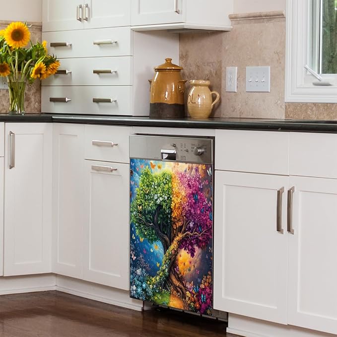 Colorful Tree Butterflies Dishwasher Magnet Cover, Reusable Refrigerator Panel Stickers Microwave Front Door Covers Magnets for Kitchen Home Appliances Holiday Party Decorations 23 X 26 in