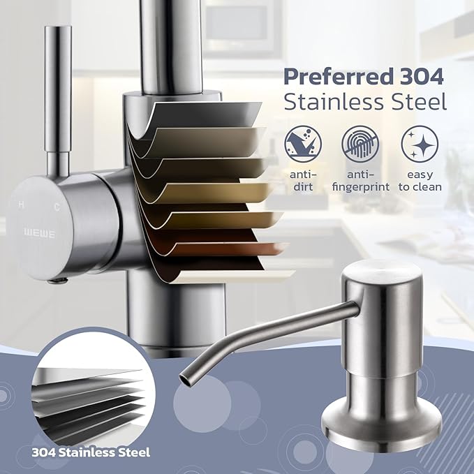WEWE Kitchen Faucet with Soap Dispenser and Pull Down Sprayer, RV Single Handle Classic 3 Modes Stainless Steel Faucet for Kitchen Sink, RV, Stainless Steel