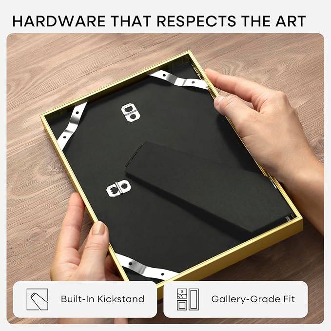 Homeforia 9x11 Gold Frame, High End Metal 9 x 11 Picture Frames with Mat 6 by 8 inch Photo, 9by11 Thin Poster Frame Matted to 6x8 Print, 11x9 Wall or Tabletop Frame, Tempered Glass, Wall Kit, Set of 1