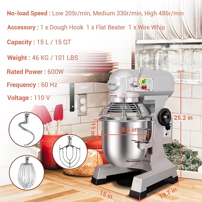 15Qt Commercial Food Mixer with Timing Function, Commercial mixer 3-Speed Adjustable Heavy Duty, Electric Stand Dough Mixer with Stainless Steel Bowl for Bakery Pizzeria (Upgraded)