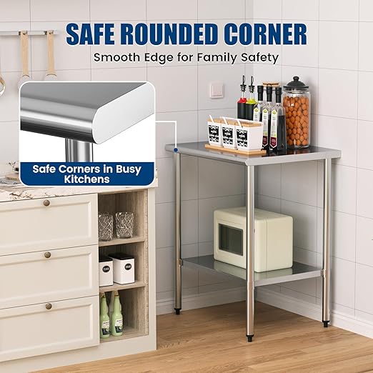 Stainless Steel Work Table 24 x 30 Inch with Adjustable Undershelf, Heavy-Duty Metal Prep Table for Commercial Kitchen & Restaurant, Garage, Outdoor