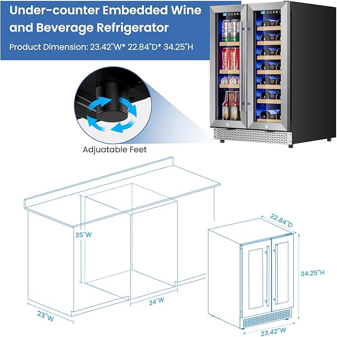 Wine and Beverage Refrigerator 24'', Dual Zone Wine Fridge Built in or Freestanding, Beverage Cooler with Glass Door holds 21 Bottles and 88 Cans, Upgrade Cooling Low Noise for Kitchen, Bar, Office