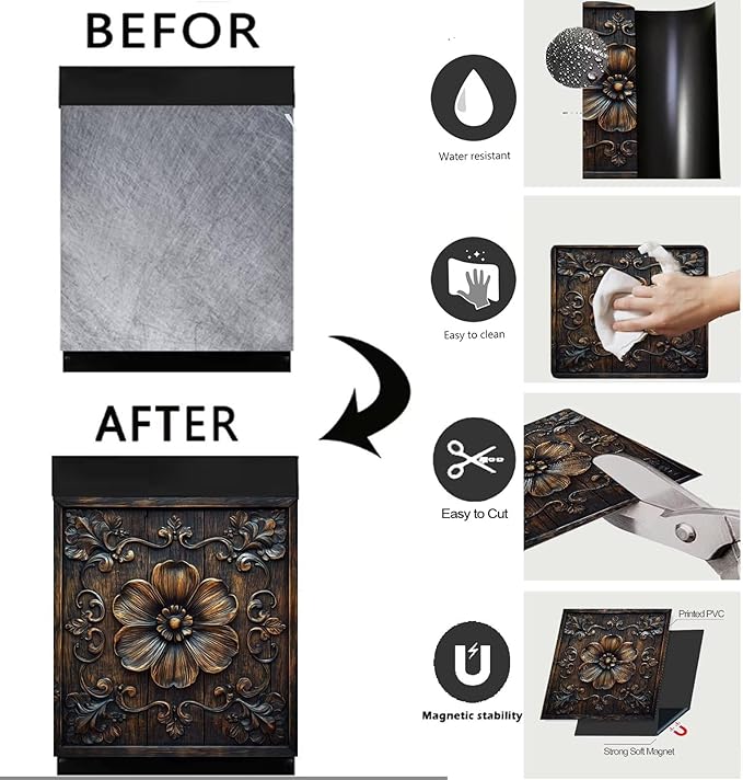 Vintage Wooden Floral Dishwasher Magnet Cover,Flower Carved Wood Magnetic Dishwasher Cover Vinyl Sticker,Rustic Wood Fridge Door Cover Magnets Art Skin Panel Decal,Home Decor Decal,23"X26"