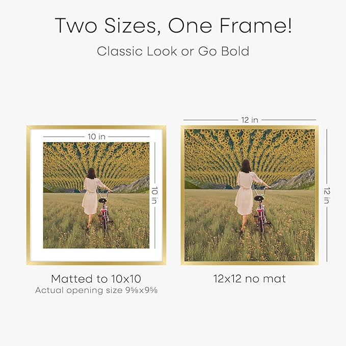 Homeforia 12x12 Picture Frame Gold, High End Metal 12 x 12 Square Poster Frame with Mat 10 x 10 Photo, 12x12 Frame Matted to 10x10 Print, 12by12 Gold Hanging Frames, Tempered Glass, Wall Kit, Set of 2