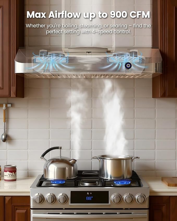 JOCO 30 Inch Under Cabinet Range Hood, 900 CFM Stainless Steel Kitchen Vent Hood, 4-Speed Knob Control C01-30K