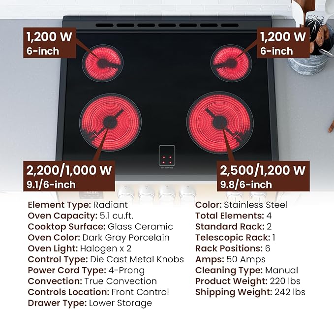 Rangaire RRE303TS Electric Range Oven with Timer and AirFry Infrared Stove Burners, True Convection, Easy Reach Racks, 30", Stainless Steel