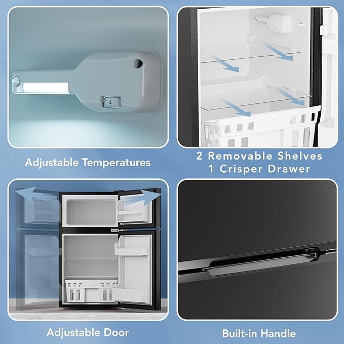 Mini Fridge with Freezer, 3.2 Cu.Ft Compact Refrigerator with 2 Doors, Small Fridge with Adjustable Thermostat & Removable Glass Shelves for Bedroom, Office, Dorm, or Apartment, Black