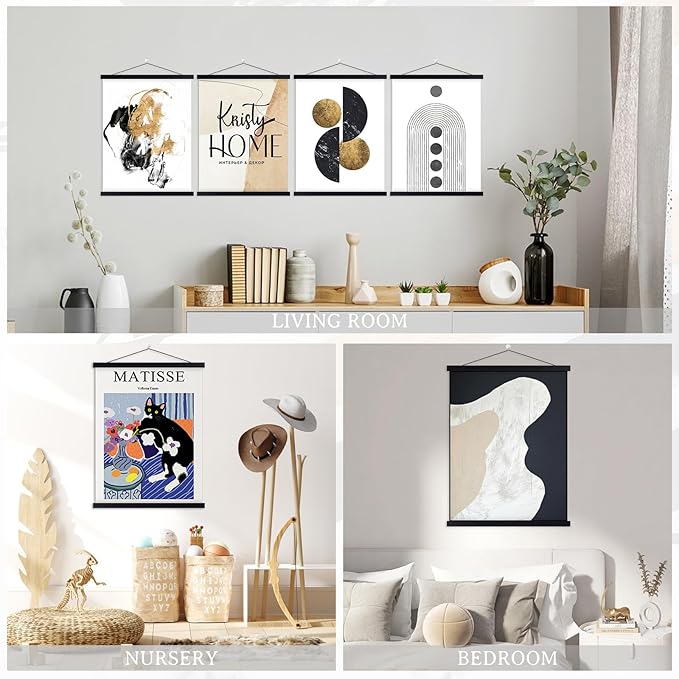 4 Pack 8x10 8x12 8x18 Poster Frame, Magnetic Light Wood Frame Hanger for Photo Picutre Canvas Artwork Art Print Wall Hanging (4 Packs, 8", Black)