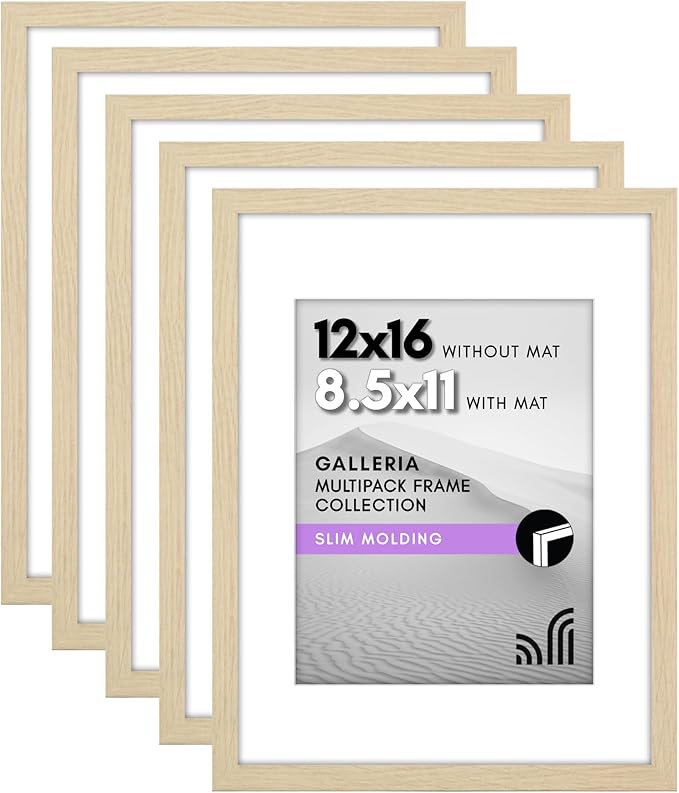 Americanflat 12x16 Picture Frame with Polished Plexiglass - Set of 5 - Use as 8.5x11 Frame with Mat or Display 12x16 Photo Without Mat - Galleria Collection - Picture Frames for Wall - Natural Oak